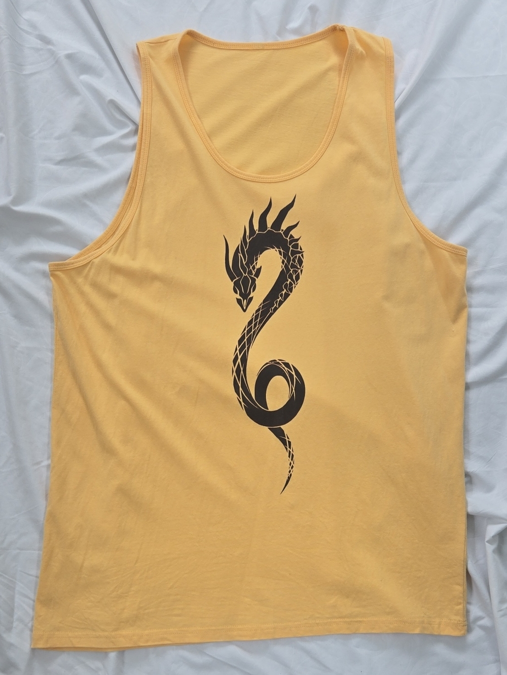 Men's/Unisex Yellow Tank Top Tee With Great Black Dragon Design Front